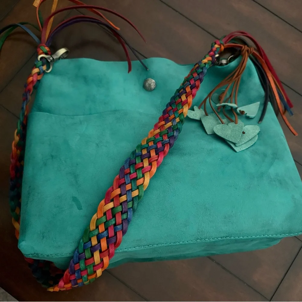 Vibrant Teal Bag from 852leathershop with Multicolor Braided Strap and hearts - Picture 1 of 4
